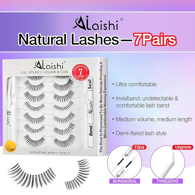 Wispy False Eyelashes Kit With Bond, Seal and Tweezer, 7 Pairs Natural Look Fake Cat Eye Lashes Strips Thin Band Extensions Waterproof Easy Eyelashes for Beginners DF99#