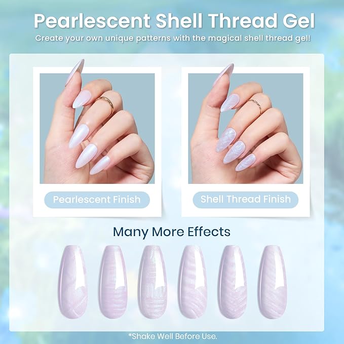 Beetles Blue Gel Nail Polish Set, 6 Colors Shimmer Glitter Jelly Gel Polish Chameleon Pearl White Swirl Shell Thread Effect Winter Nails Ice Blue Collection Soak Off UV Gift for Women