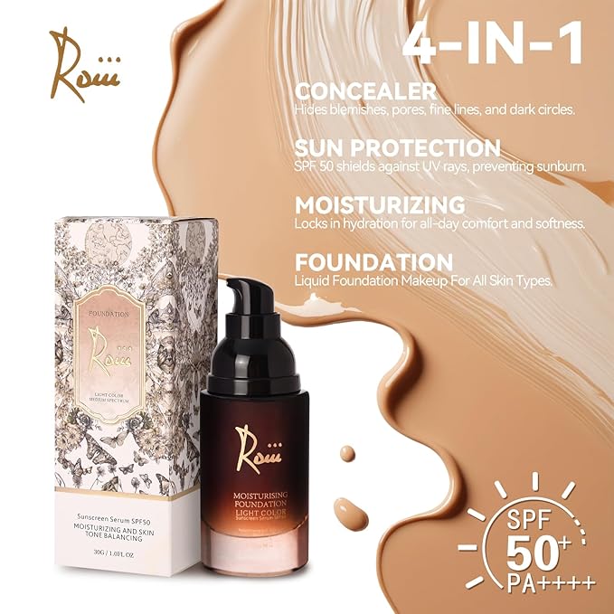 Roiii Lightweight SPF 50 Liquid Foundation - Full Coverage Sunscreen Makeup, Oil-Free & Long Lasting, Hydrating with Hyaluronic Acid for All Skin Types for Gym, Sports, Dancing (Light, 1.0 Oz)