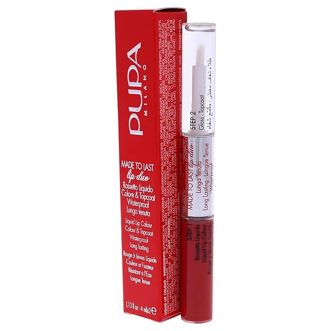 PUPA Milano Made To Last Lip Duo - Smudge-Proof Lip Color And Gloss - Highly Pigmented Shades - One Swipe Color Payoff - Gives Unrivaled Glassy Effect - Long Lasting - 018 Imperial Red - 0.13 Oz