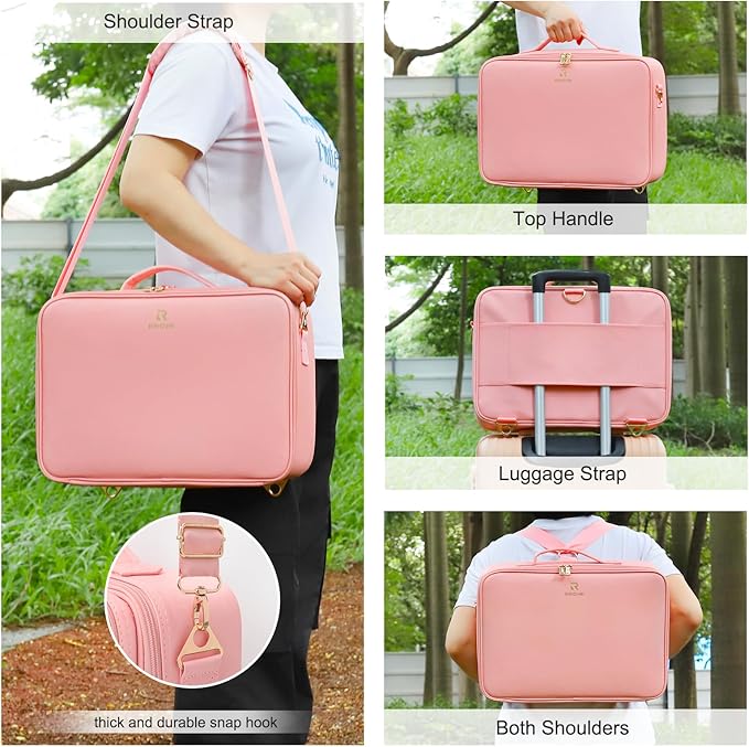 Relavel Makeup Bag with LED Mirror, 16.2 inches Large Makeup Case Travel Portable Cosmetic Organizer Vanity Case for Women, Rechargeable Lighted Mirror Professional Makeup Artists Storage Box (Pink)