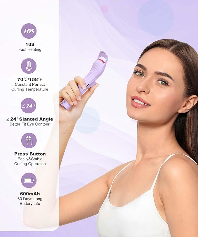 Heated Eyelash Curlers, Electric Lash Curler with Innovative Heating Silicone Pad for Lifted Lashes 24 Hours,Quick Rechargeable 600mAh Battery EC2001 (Violet)