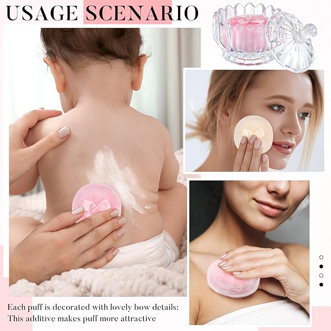 Tioncy 3 Pcs Large Body Powder Puff and Container Powder Container with Puff Powder Puff Crystal Container Soft Washable Reusable Velour Face Body Glitter Powder Puff Wet Dry Makeup(Clear,Cute)