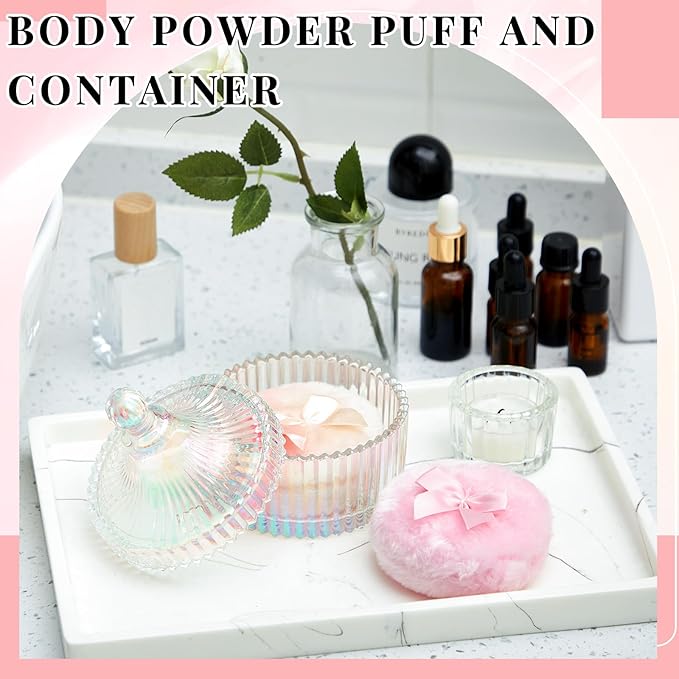Tioncy 3 Pcs Large Body Powder Puff and Container Powder Container with Puff Crystal Case Soft Washable Reusable Velour Face Body Glitter Wet Dry Makeup(Simple,Dazzling)