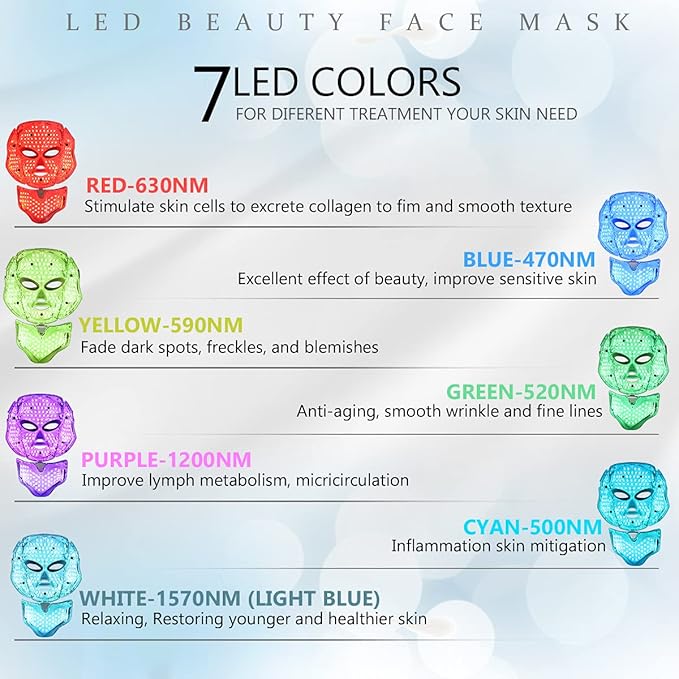 LED Face Mâsk Light Therapy | 7 Color Skin Rejuvenation Therapy LED Photon Mâsk Light Facial Skin Care Anti Aging Skin Tightening Wrinkles Toning Mâsk (For face & neck). (White)