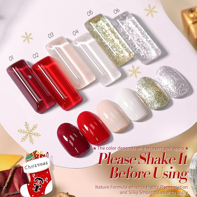 Born Pretty Christmas Red Gel Nail Polish Set,6 Colors Christmas Burgundy Blood Red Glitter Snowflake White Gold Silver Sparkle Nail Gel Kit Soak Off U V Nail Gel Polish Nail Art Home Diy Manicure