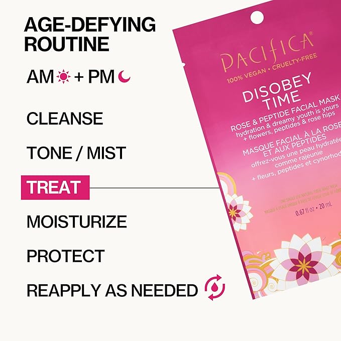 Pacifica Disobey Time Rose & Peptide Facial Sheet Mask 12-PACK Hydrating Anti-Aging Mask for Fine Lines & Dry Skin Infused w/Hyaluronic Acid & Chamomile Vegan & Cruelty-Free Dermatologist Tested