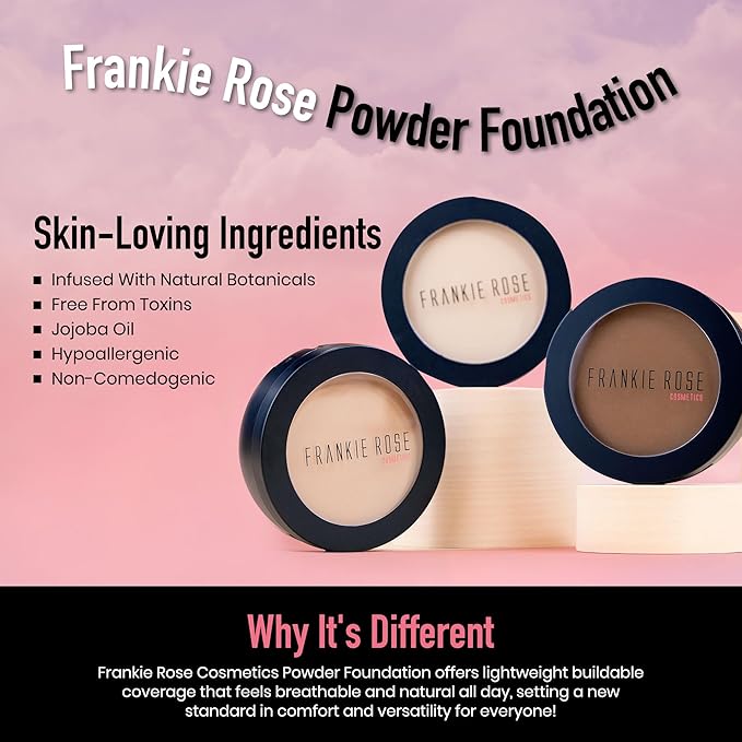 Frankie Rose Cosmetics Powder Foundation – Full Coverage Face Powder For Pores & Imperfections, Evens Out Skin Tone & Shine-Control | 58 Grams (Honey)