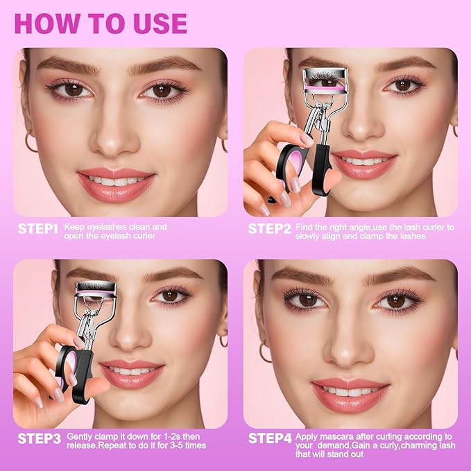 Eye Lash Curler with 6PCS Extra Replacement Strips, Whalrace Superior Curling Effect Eyelash Curlers, Easy & Comfortable to Grip and Use-Gpink