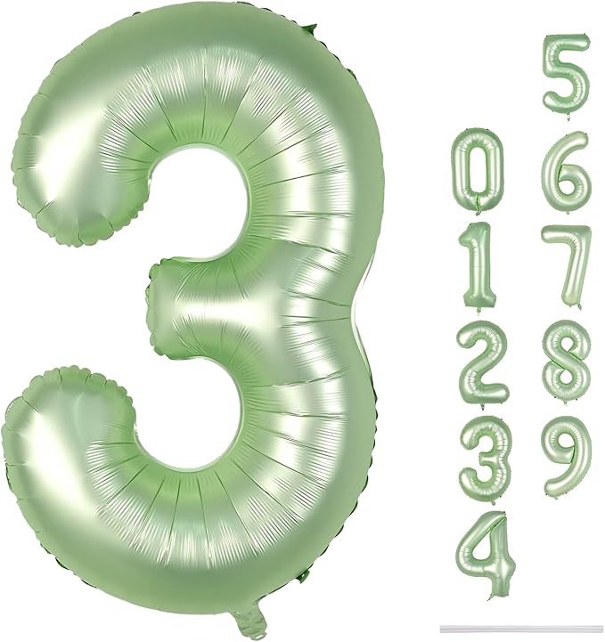 Sage Green Number 3 Balloon, 40In Large Foil Number Balloons Set 0-9 for Women, Self Inflating Olive Green Digital 3 Helium Balloon for Girls Boys 1st Birthday Jungle Safari Party Decorations Supplies