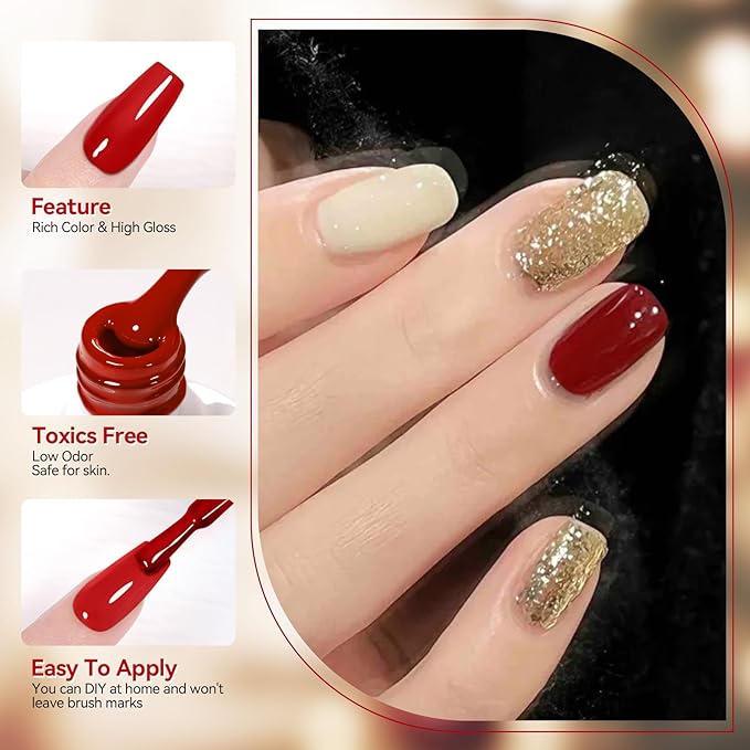 Born Pretty Christmas Red Gel Nail Polish Set,6 Colors Christmas Burgundy Blood Red Glitter Snowflake White Gold Silver Sparkle Nail Gel Kit Soak Off U V Nail Gel Polish Nail Art Home Diy Manicure