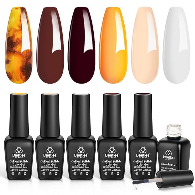Beetles Fall Gel Polish with Blooming Gel - Amber Attraction 5 Colors Brown Gel Polish White Wine Fall Color Nail Polish Set Clear Blooming Polish Soak Off Uv Nail Art Gfit Set for Women
