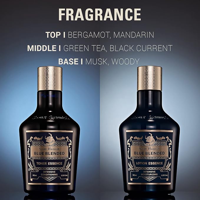 Scott Hamish Blue Blended Set - Skincare Set for Men with Face Wash, Face Toner & Facial Emulsion – Intensive Moisturizing and Conditioning Aftershave Kit Enriched - Bergamot & Musky Scent