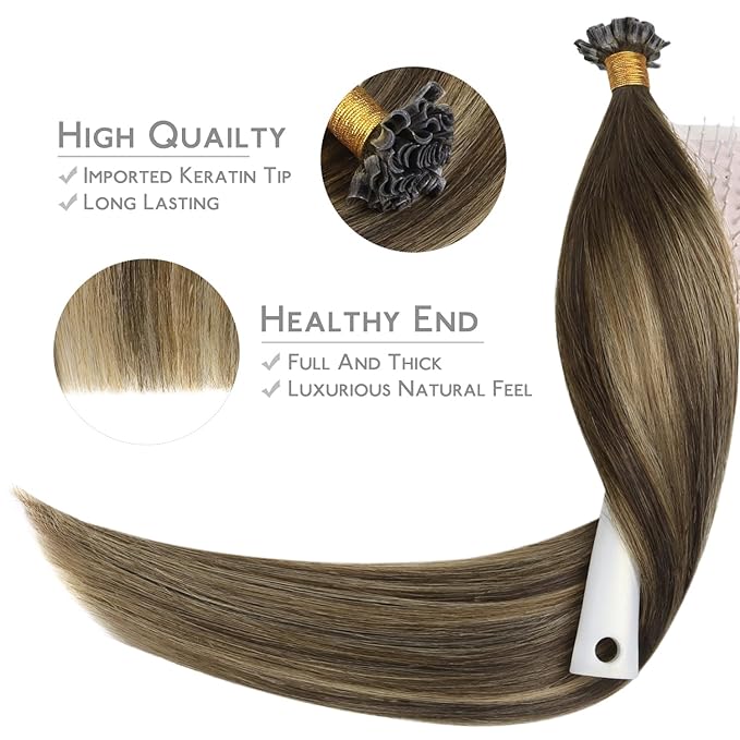 WENNALIFE U Tip Hair Extensions Human Hair, 50g 50s 20 Inch Balayage Chocolate Brown to Caramel Blonde Remy Hair Extensions K Tip Hair Extension Real Human Hair Invisible Straight Keratin Hair