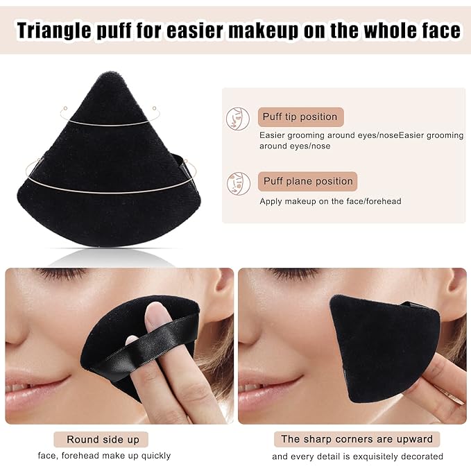 8 Pcs Cotton Powder Puff Face,JASSINS Triangle super soft Both dry and wet Makeup Setting Puff,For Concealer/Loose Powder/Body Powder/Foundation/Blush Makeup Sponge Set (Black)