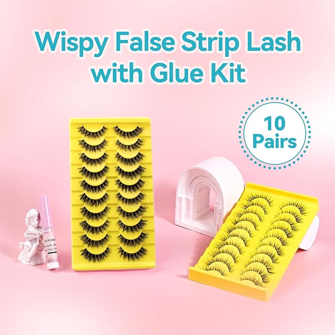 Strip Lashes Kit Mink False Lashes With Strip Lash Glue Mink Wispy 10 Pairs False Eyelashes Magnetic Lashes Kit by GEMERRY, A05