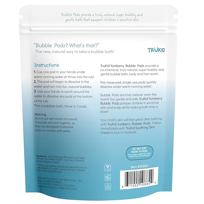 TruKid Bubble Podz Bubble Bath for Kids, Toddlers, & Babies, Tear Free Gentle & Refreshing Bath Bomb for Sensitive Skin with Natural Moisturizers, Non-Toxic, pH Balanced, Yumberry Scent (60 Podz)