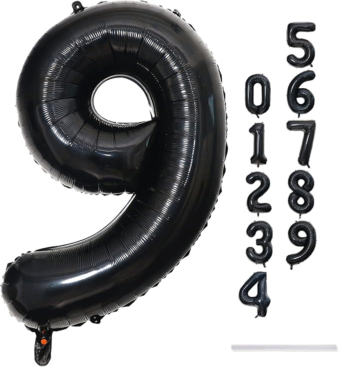 40'' Black Number 9 Balloons, Giant Self Inflating Foil Number Balloons Set 0-9, Large Digital 9 Helium Balloon for Girls Boys 9th Halloween Birthday Party Decorations Anniversary Photo Shoot Supplies