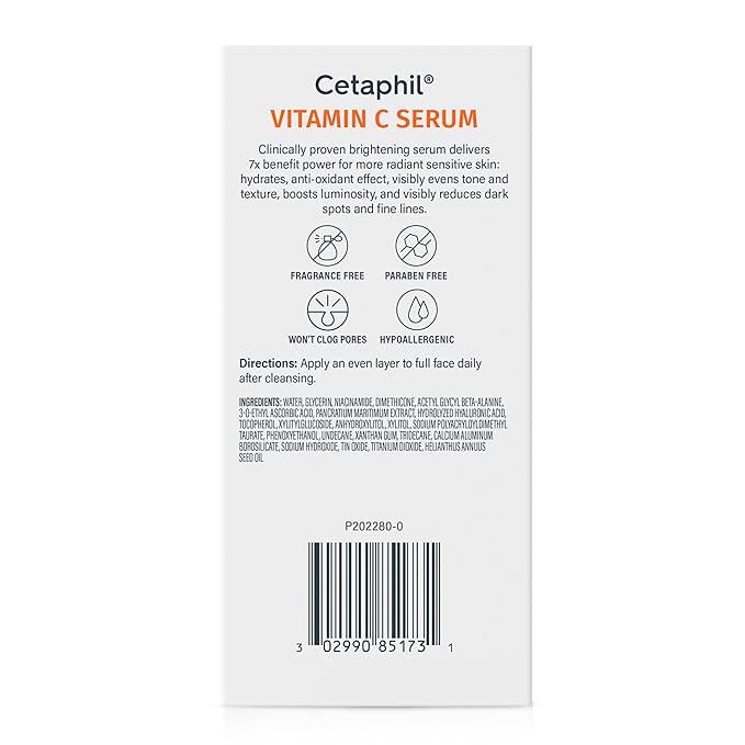 Cetaphil Vitamin C Serum, Visibly Reduces Look of Dark Spots and Hyperpigmentation, Formulated with Niacinamide, Designed for Sensitive Skin, Fragrance Free, Dermatologist Tested, 1oz