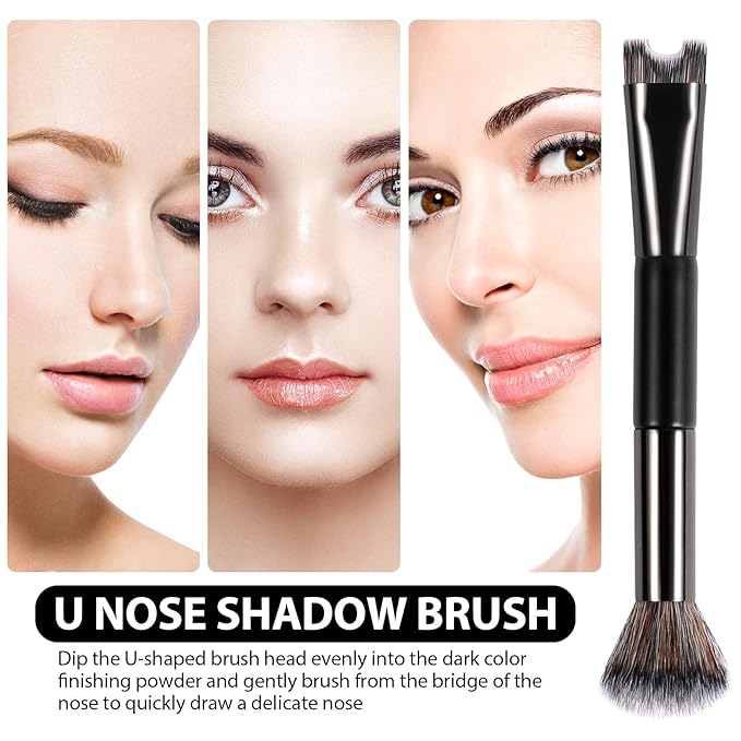 2 in 1 Nose Contour Brush, Dual-Ended U-Shaped Nose Sculpting & Blush Brush Precision Fluffy Contouring Brushes Perfect Defining Angled Cheek Bones, Highlight, Powder, Contour, Makeup Beginners