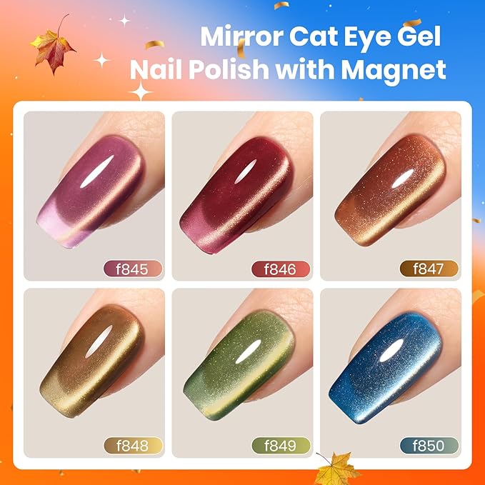 beetles Gel Polish Golden Mirage Cat Eye Gel Nail Polish Set - 6 Colors Pink Red Brown Green Blue Glitter Fall Gel Nail Kit, Magnetic Shine Soak Off UV Gel for Salon DIY Manicure Gift for Women