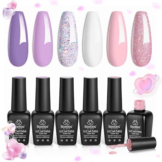 Beetles Purple Gel Nail Polish Set, 6 Colors Spring Glitter Pink Milky White Romantic Garden Collection Gel Polish, Soak Off Uv Led Lamp Cured Diy Manicure for Women