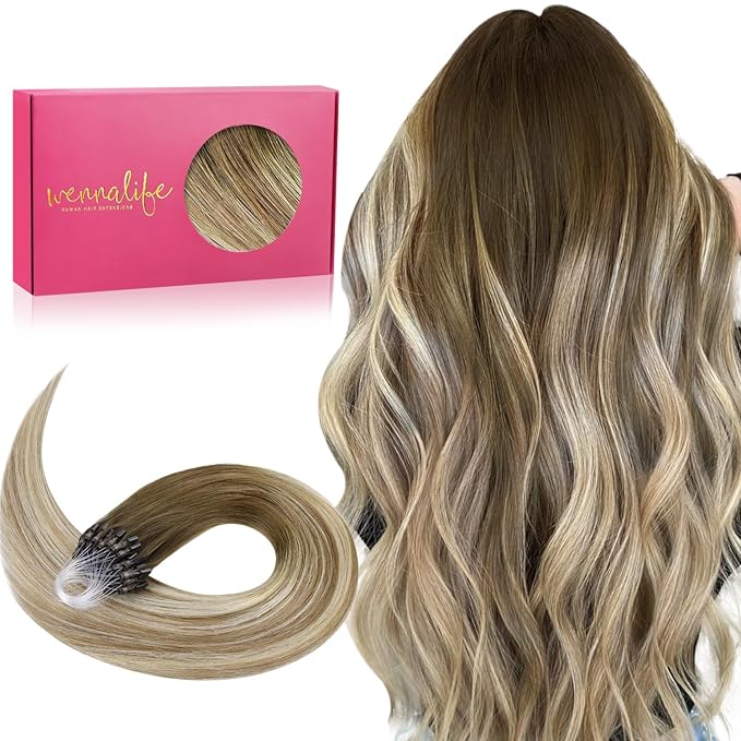 WENNALIFE Microlink Hair Extensions Human Hair, 50g 50s 24 Inch Ombre Walnut Brown to Ash Brown and Bleach Blonde Remy Micro Bead Hair Extensions Real Human Hair Micro Loop Micro Ring Hair Straight