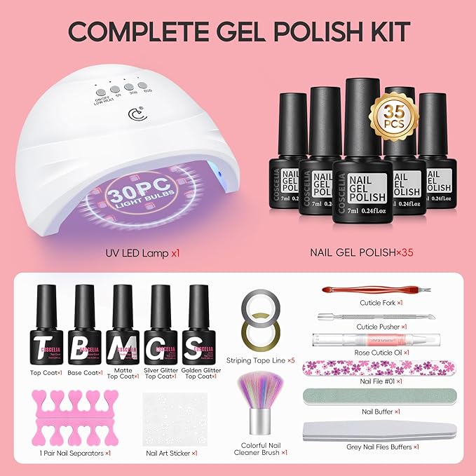 52pcs Gel Nail Polish Kit with U V light 35 Fall Colors Gel Nail Polish Set Cream Color Collection 5PC Top Base Coat Nail Art Manicure Kit for Beginners with Everything Gifts for Women