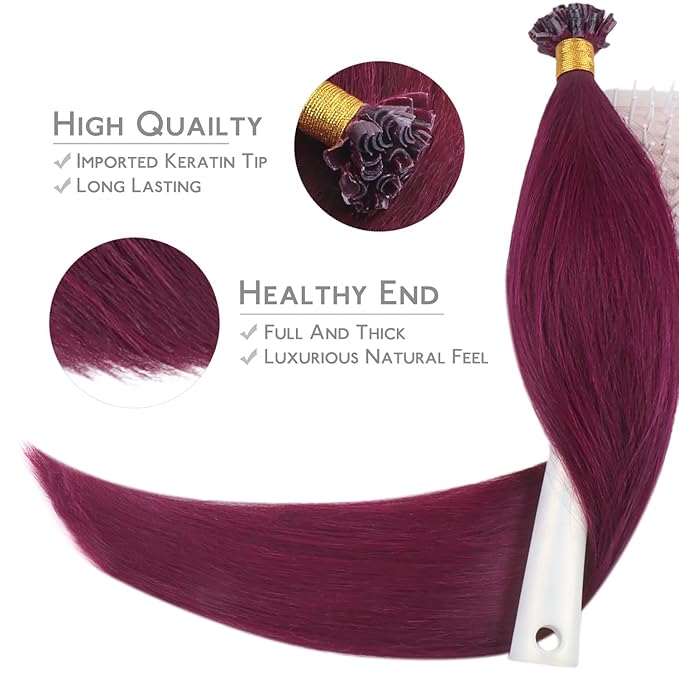 WENNALIFE U Tip Hair Extensions Human Hair, 50g 50s 20 Inch Light Burgundy Remy Hair Extensions K Tip Hair Extension Real Human Hair Invisible Straight Keratin Hair Extensions