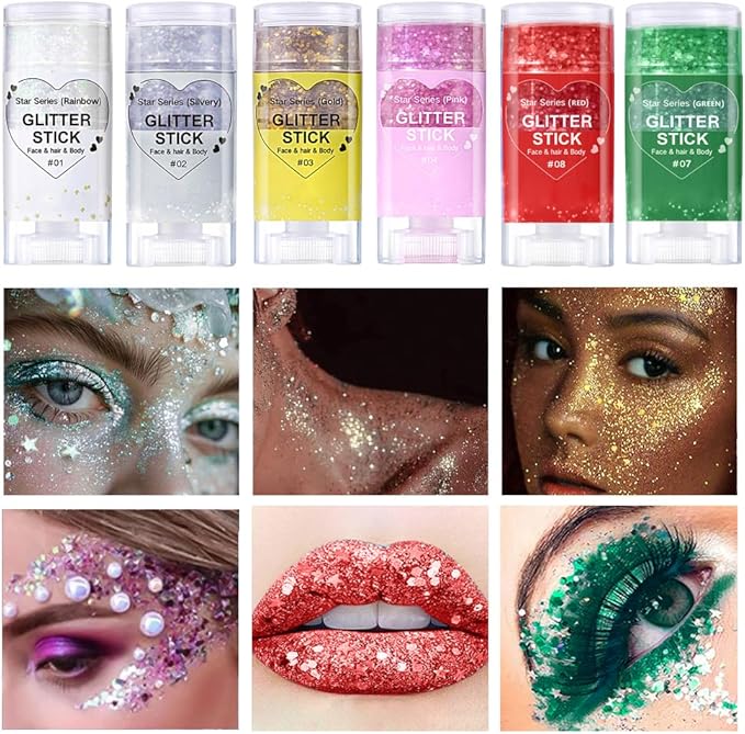 Red Body Hair Glitter Stick, Mardi Gras Makeup Chunky Sequins Face Glitter Rave Singer Concert for Kids, Halloween Glitter Paint for Kids,Waterproof Shimmer Accessories for Parties Carnival