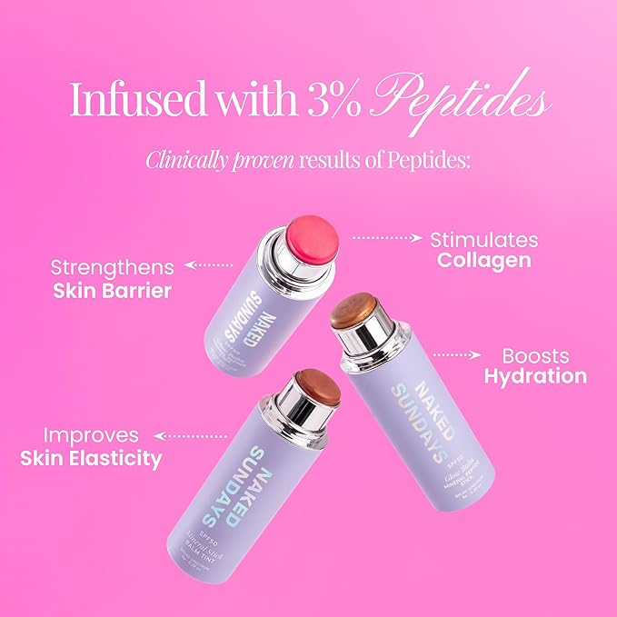 Naked Sundays SPF 50 Mineral Glow Balm Peptide-Infused Multi-Tasking Blush Stick for Cheeks, Lips & Eyes – Broad Spectrum Mineral Sunscreen with Zinc Oxide – 8g (Pink Pop)