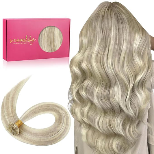 WENNALIFE U Tip Hair Extensions Human Hair, 50g 50s 16 Inch Ash Blonde Highlighted Platinum Blonde Remy Hair K Tip Invisible Straight Keratin Hot Fusion