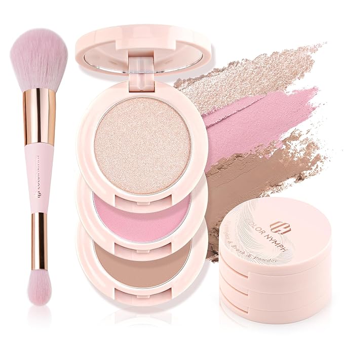Color Nymph 3 Colors Contour Blush Highlighter Makeup Palette, Travel Size Make up Kit, Blush & Highlighter & Contour Powder Palette, Includes Brush and Mirror, Stacked Makeup Design (Pink)