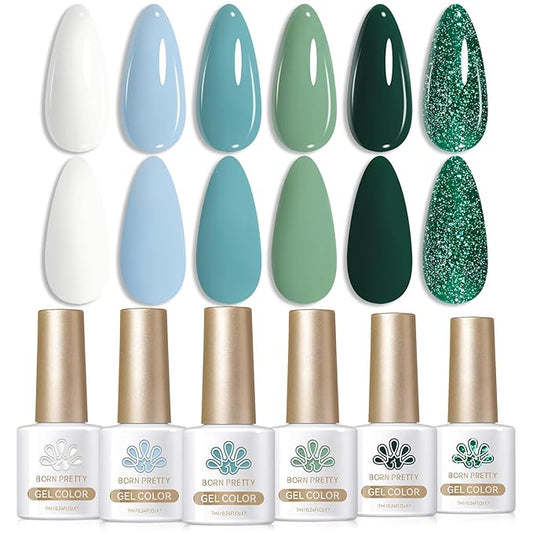 Born Pretty Christmas Green Gel Nail Polish,Light Green to Dark Shades Glitter Blue White Gel Polish Rainforest Saint Paclita's Soak Off U v LED Light Cure for Salon Manicure and Nail Art DIY at Home