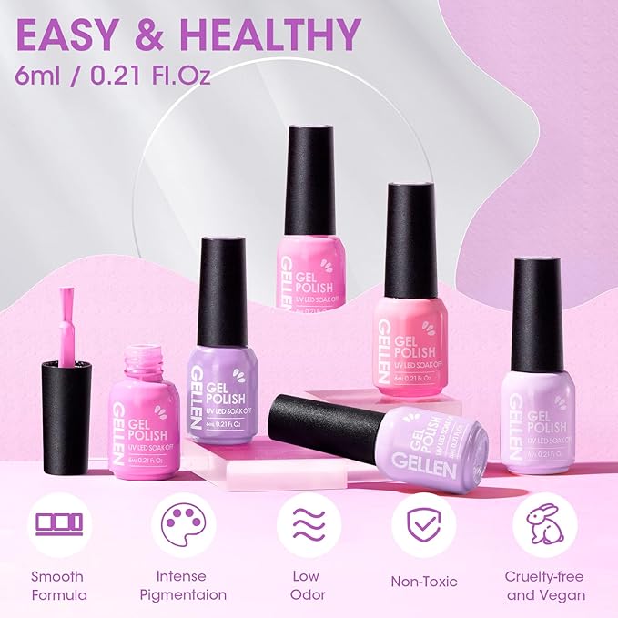Gellen Gel Nail Polish Set, 6 Colors Pastel Pink Gel Polish Purple Nail Polish Set, Soak Off UV Gel Manicure DIY Home Salon Nail Art Valentines Gifts