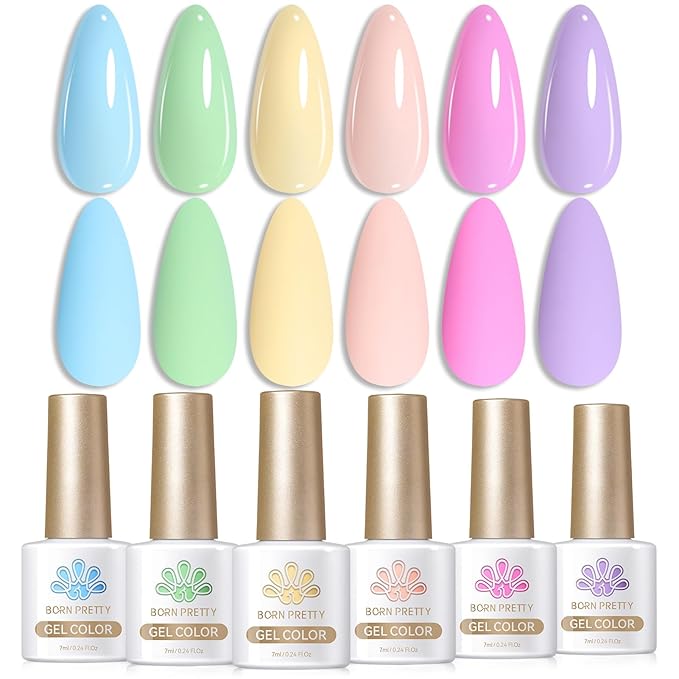 Born Pretty Pastel Gel Nail Polish Macaron Candy Sweet Color Gel Polish Spring Summer Gel Polish Nude Pink Yellow Purple Blue Green Colors Easter Collection Nail Art Gift Box 7ML 6PCS