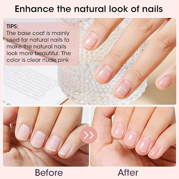 GELLEN 4‑in‑1 Clear Nail Polish Base Coat Sheer Tinted Natural Pink, Ridge Filler, Nail Strengthener & Concealer, Calcium Formula Strengthens Nails, Enhances Natural Look, No HEMA, Anti-yellowing