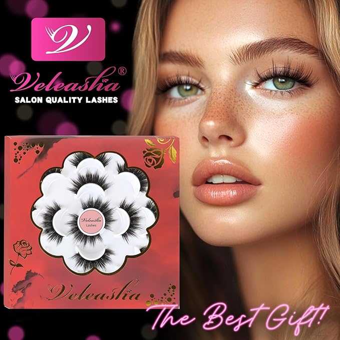 Veleasha Lashes 5D Faux Mink Lashes Volume False Eyelashes Handmade Fluffy Eye Lashes Fake Lashes Eyelashes 7 Pairs Luxurious Fake Eyelashes Pack (5D15)