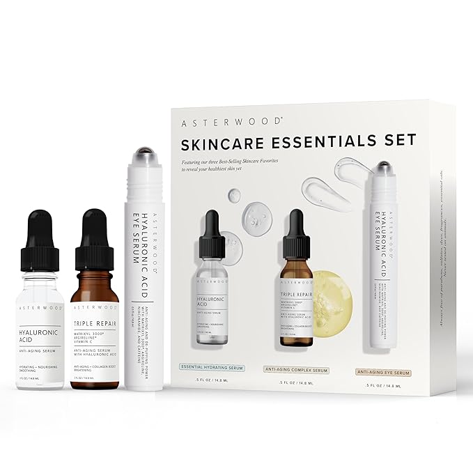 Asterwood Skin Care Set - with Hyaluronic Acid & Triple Repair Serums, Under Eye Serum - Skincare Essentials - Hydrating, Moisturzing, Anti-Aging - Fragrance-Free