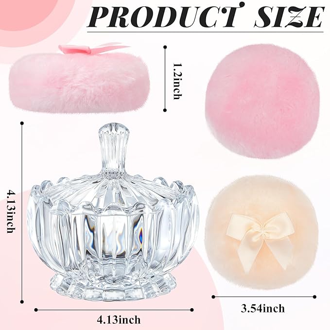 Tioncy 3 Pcs Large Body Powder Puff and Container Powder Container with Puff Powder Puff Crystal Container Soft Washable Reusable Velour Face Body Glitter Powder Puff Wet Dry Makeup(Clear,Cute)