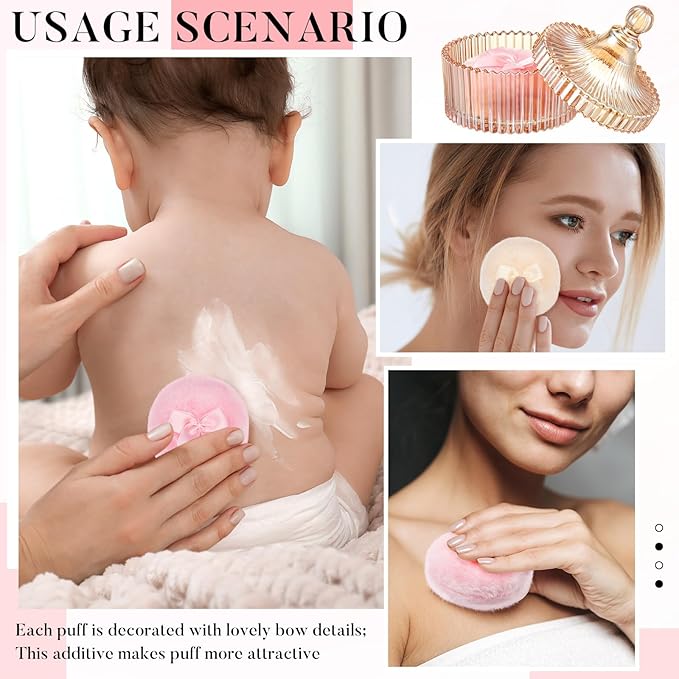 Tioncy 3 Pcs Large Body Powder Puff and Container Powder Container with Puff Crystal Case Soft Washable Reusable Velour Face Body Glitter Wet Dry Makeup(Simple,Amber)