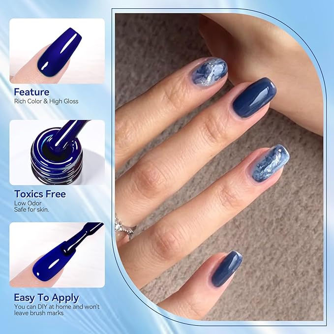 BORN PRETTY Blue Gel Nail Polish Set 6 Colors Light Blue Baby Blue Royal Blue Reflective Glitter Blue Nail Gel Kit Soak Off Nail Art Manicure Design Home Salon Holiday Gift