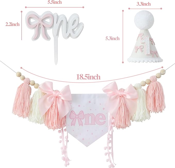 Pink Bow 1st Birthday Highchair Banner Decorations Wood Bead Tassel Garland Cone Hat Wooden Cake Topper For Baby Girls