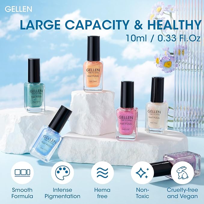 GELLEN Shimmer Pastel Nail Polish, Buildable Sheer Natural Regular Nail Polish Quick Dry Translucent 6 Colors Set for Acrylic Natural Nails Home Salon, Non Gel, Chip Resistant, Hema Free, Non-toxic
