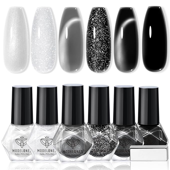 modelones Nail Polish Set, 6 Colors White Black Nail Polish with Magnet Glitter Cat Eye Magnetic Non Toxic Quick Dry Fingernail Polish Salon Home DIY Gifts For Women Girl
