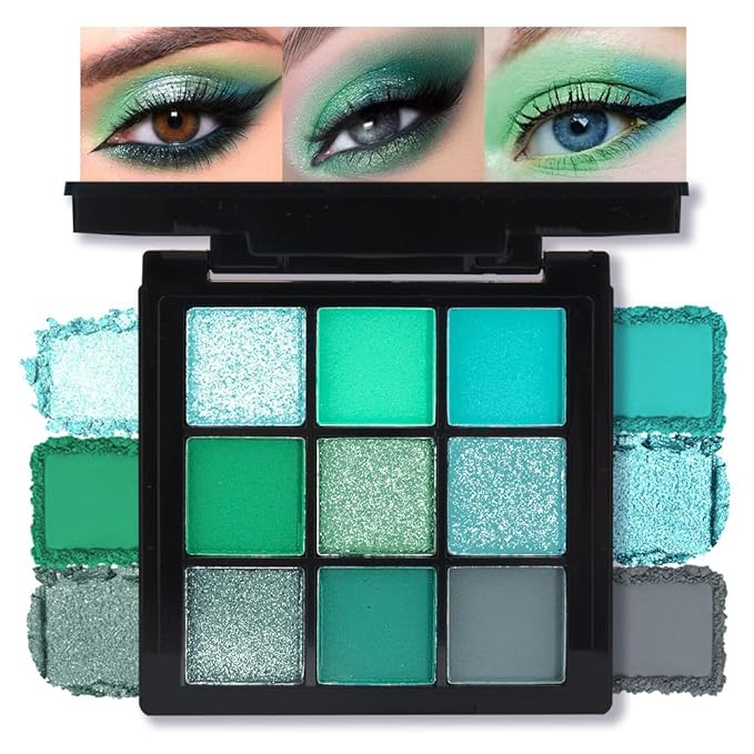 AMY'S DIARY Matte Shimmer Light Deep Green Eye Shadow Palette Makeup,Eyeshadow Long Lasting Waterproof Cruelty-Free, 9 Blendable Shades in Smooth Finishes with Gorgeous Pearls for Girls (Green)