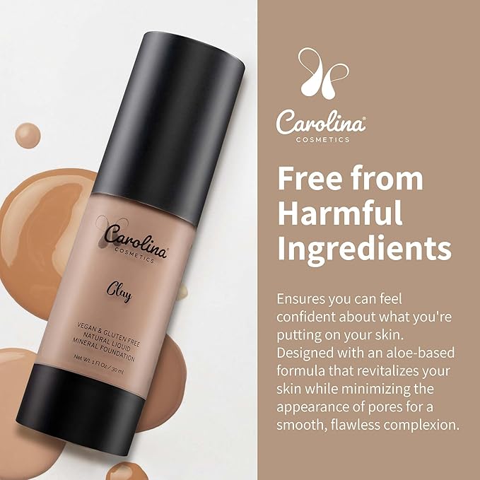 Carolina Cosmetics - Plant-Based Foundation in Clay Shade - Hydrating, Pore-Minimizing & Buildable Coverage - Vegan, Non-GMO, Gluten-Free, Paraben-Free - Sun Protection - 1Fl Oz