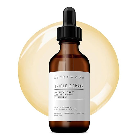 Asterwood Triple Repair Matrixyl 3000 + Argireline + Hyaluronic Acid + Vitamin C Serum for Face - Anti-Aging, Collagen Boosting, Hydrating - Fragrance-Free - 2 Fl Oz