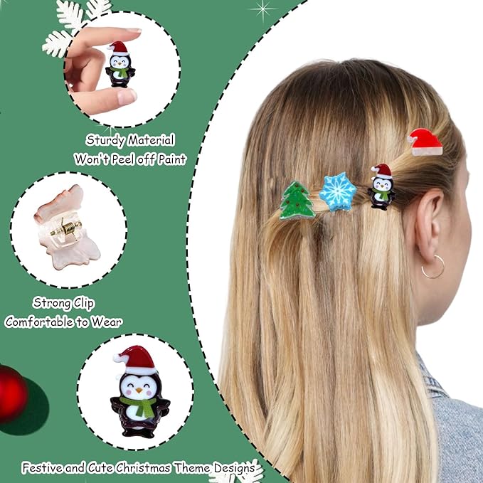 12 Pcs Christmas Claw Clips Christmas Elements Mini Hair Clips with Santa Claus Xmas Hat Gift Snowman Design Strong Hold Non Slip Small Hair Clips for Women Thick and Thin Hair Various Hairstyles