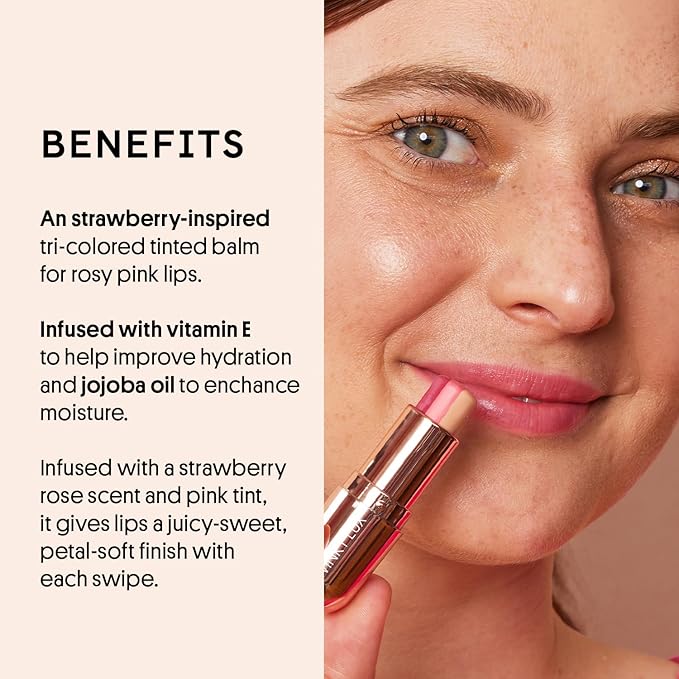 Winky Lux Strawberry Rose Tri-Color Tinted Lip Balm – Hydrating Lip Balm, Sheer Pink Tint, Lip Care with Jojoba Oil & Vitamin E, Moisturizes & Softens Dry Lips, Buttery Soft with Strawberry Rose Scent